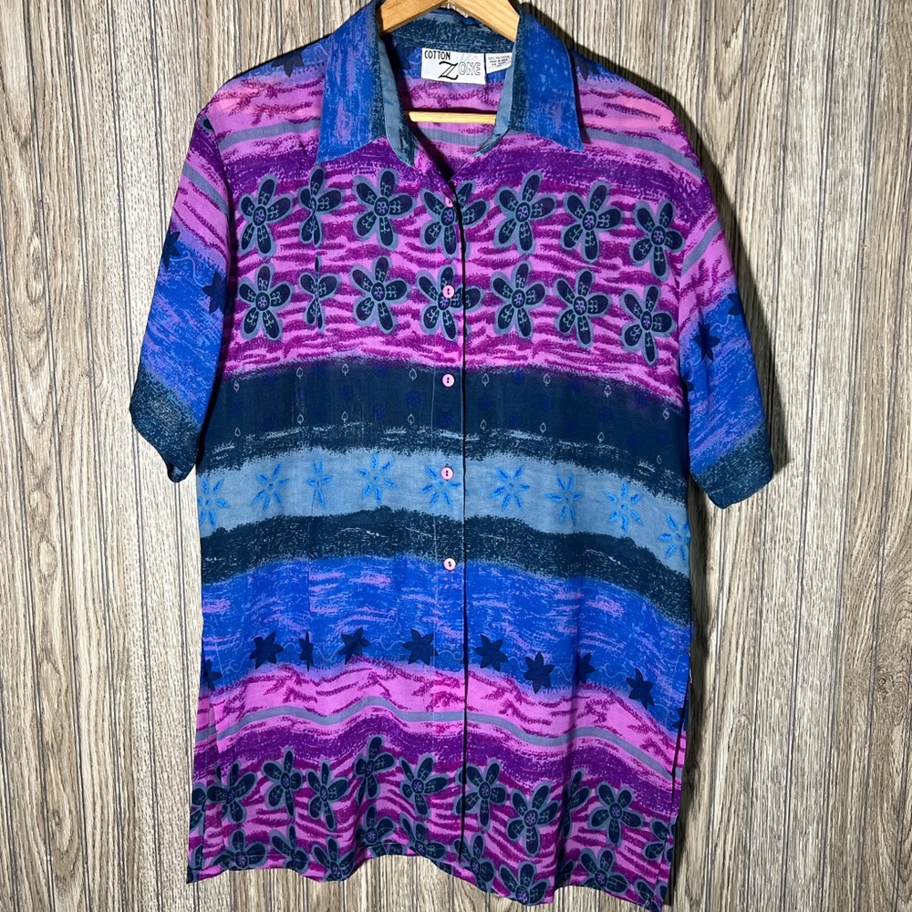 Vintage 90’s Blue Purple Striped Floral Print Hawaiian Sheer Button Down Blouse